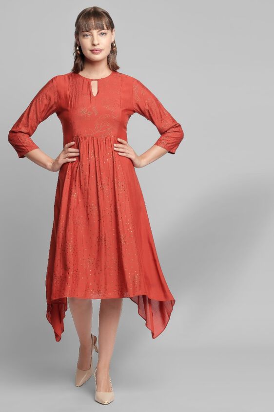 1 - Rust Foil Print Pleated A-Line Regular Tunic, image 1