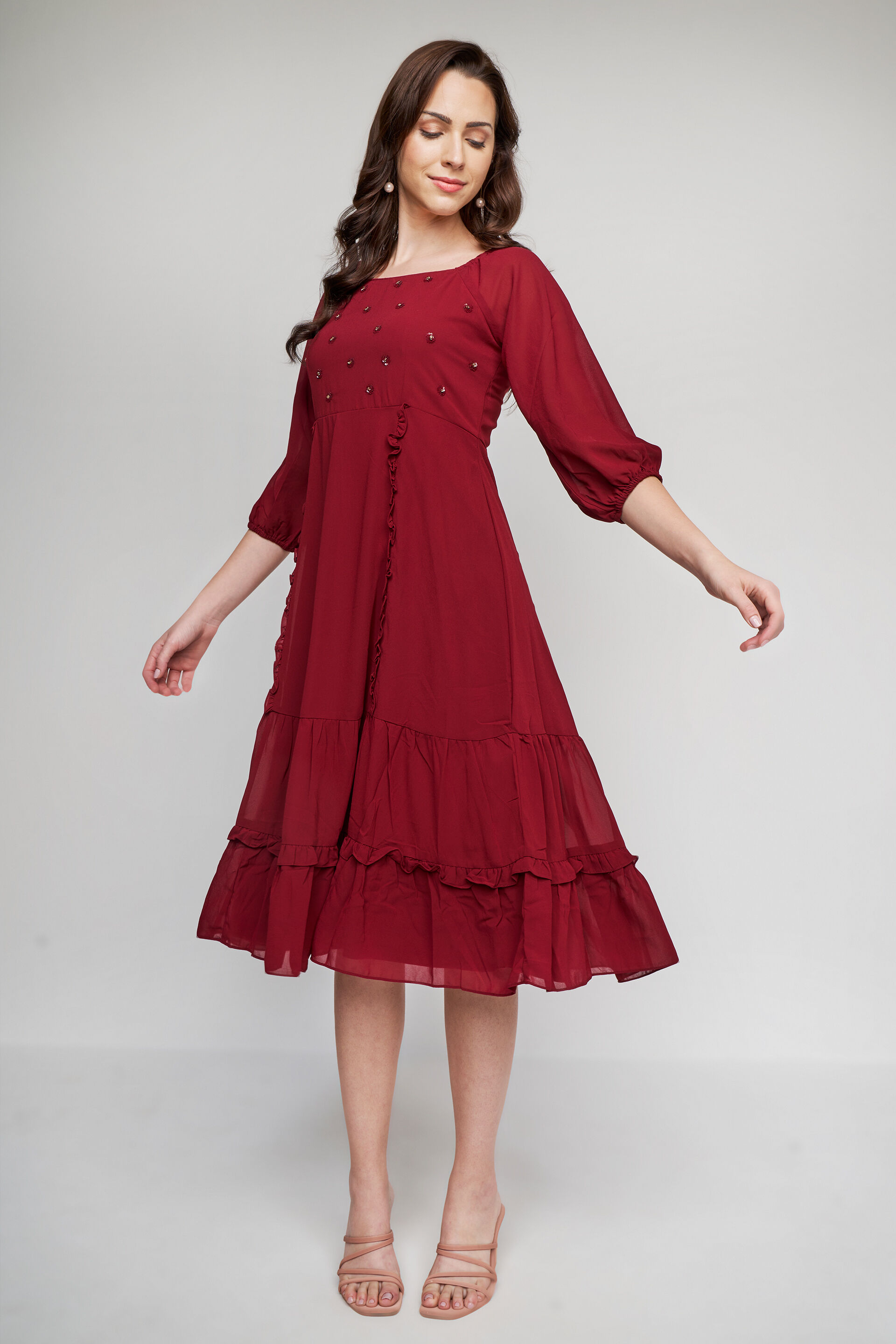 Maroon Solid Flared Dress, Maroon, image 2