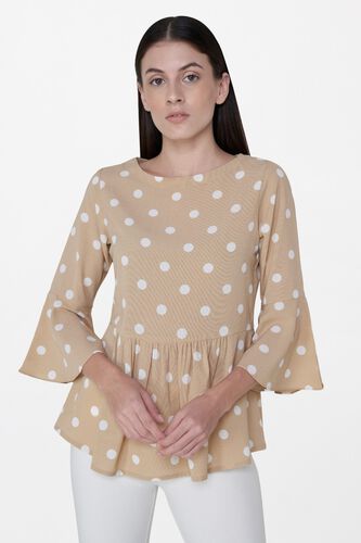 1 - Beige Polka Dots Round Neck Fit and Flare Top, image 1