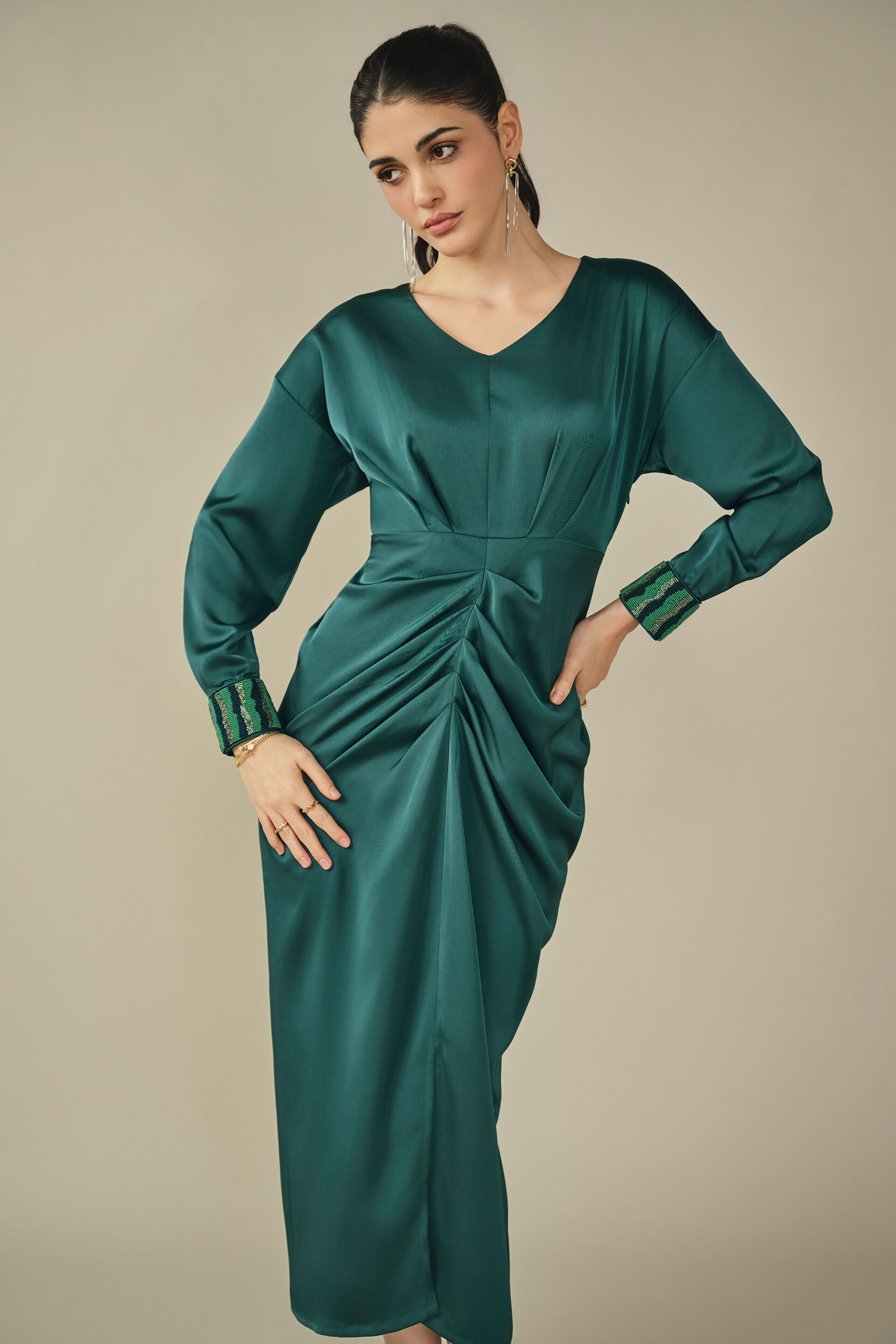 Draped Satin Dress in Green, Green, image 4