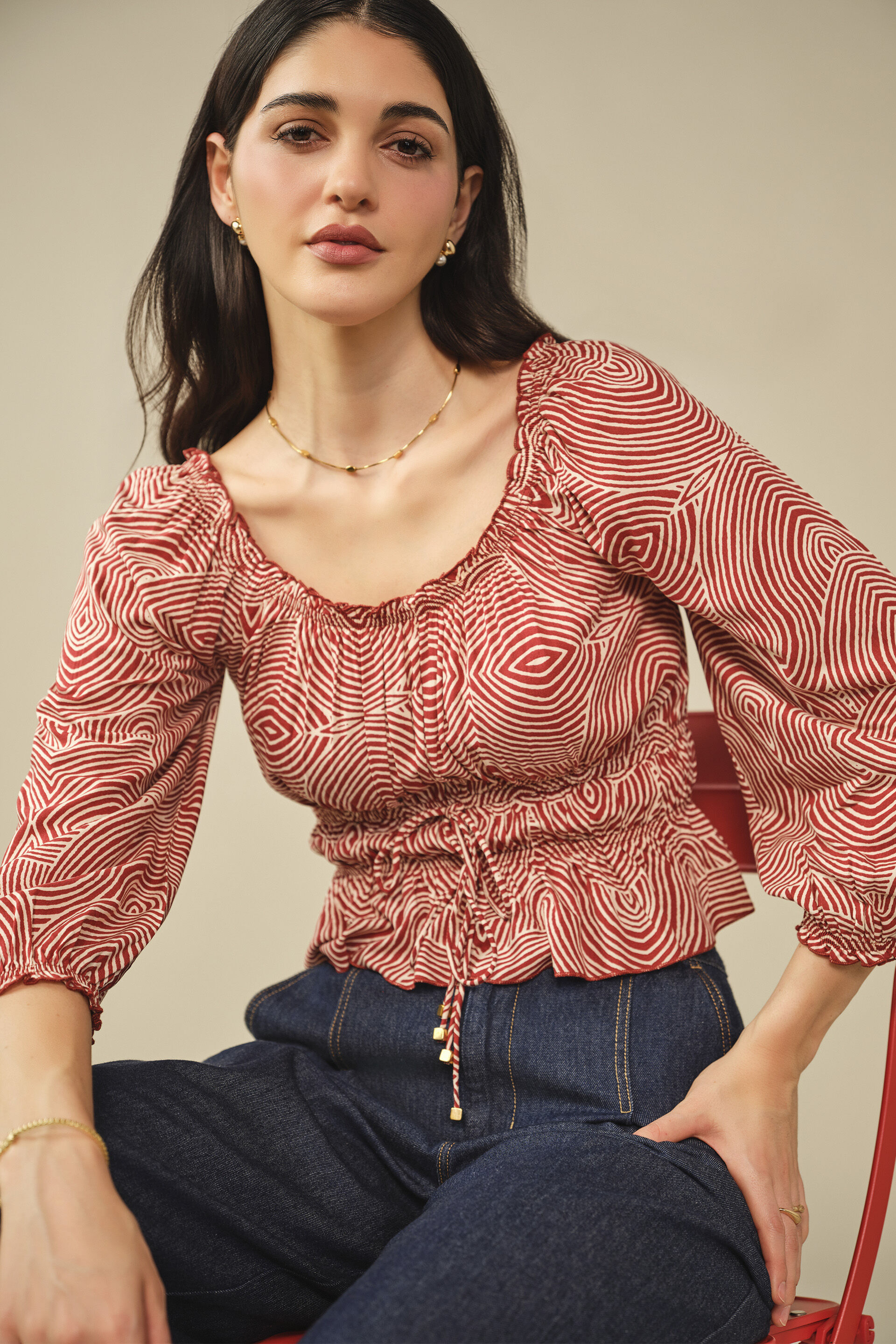 Abstract Printed Smocked Top in Wine, Wine, image 3