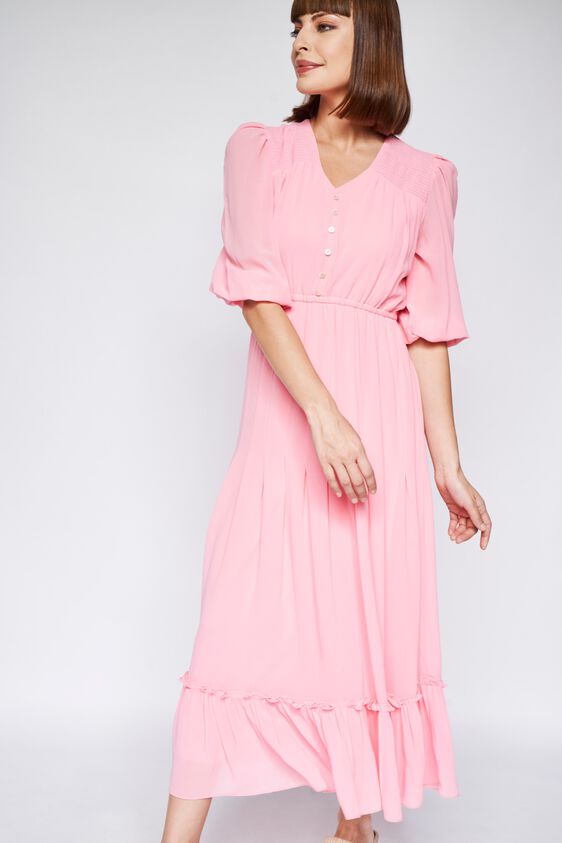 Flared Solid Straight Dress, Coral, image 2