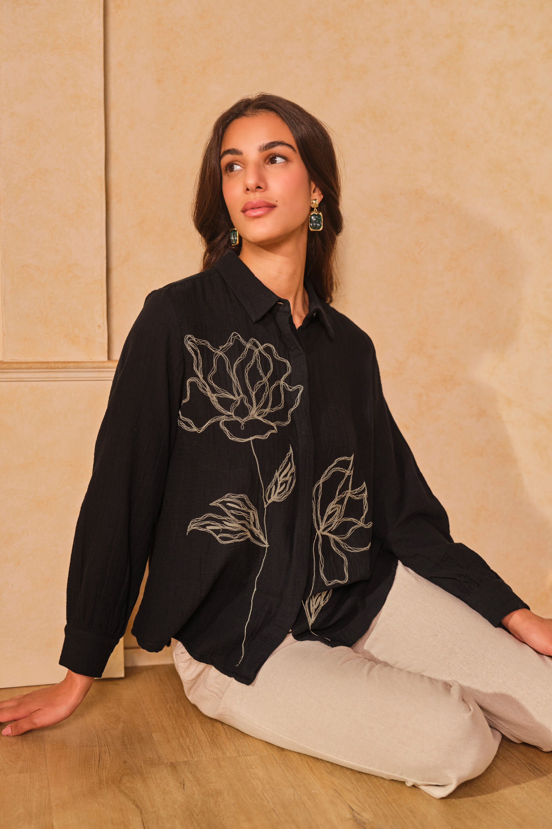 Midnight Garden Cotton Long Shirt, Black, image 5