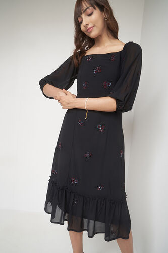 Black Floral Flared Dress, Black, image 7