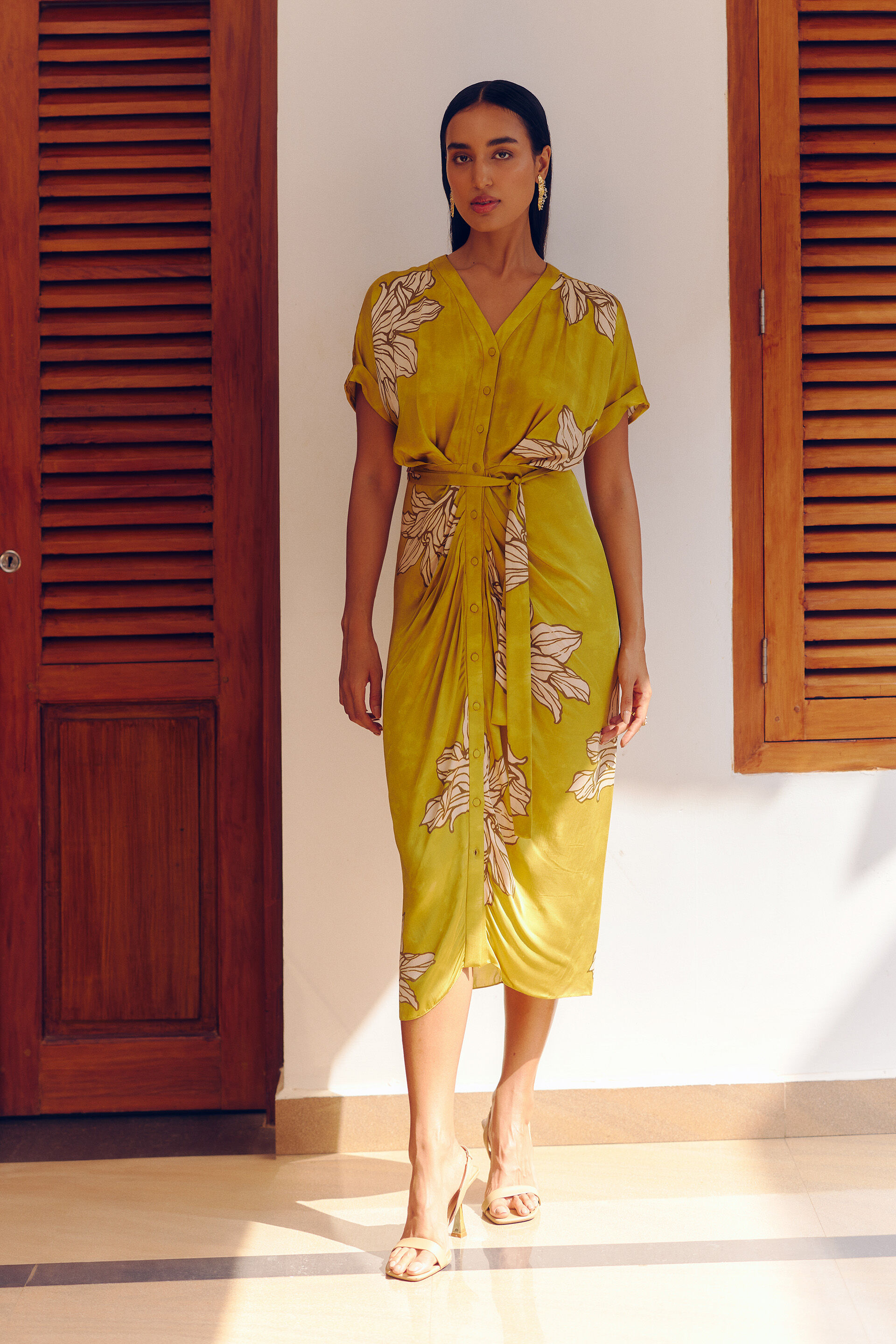 Floribunda Drape Dress, Mustard, image 1