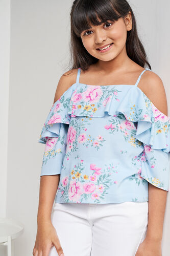 Blue and Pink Floral Square Neck Top, Blue, image 4