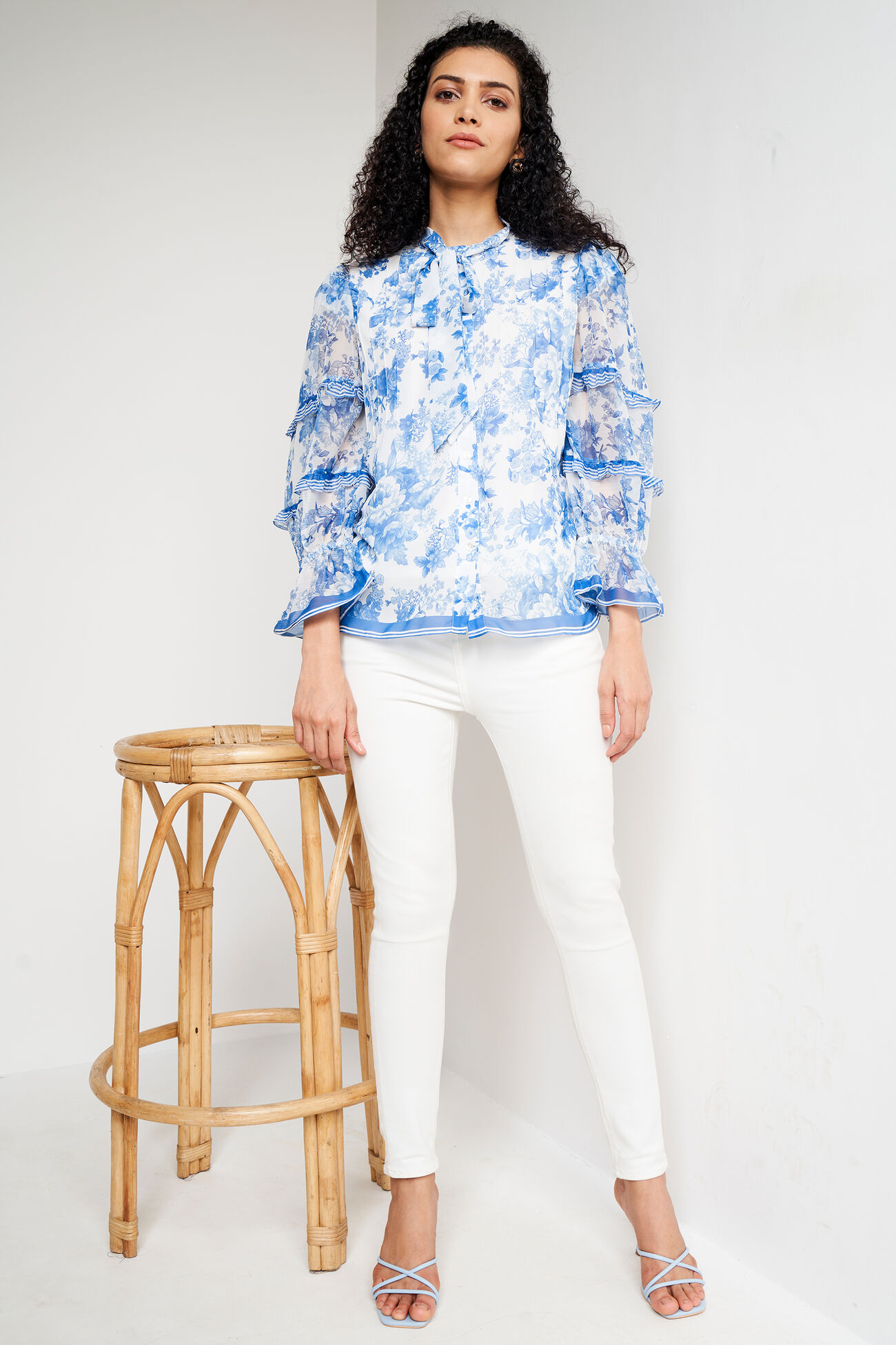 Blue and White Floral Casual Top, Blue, image 7