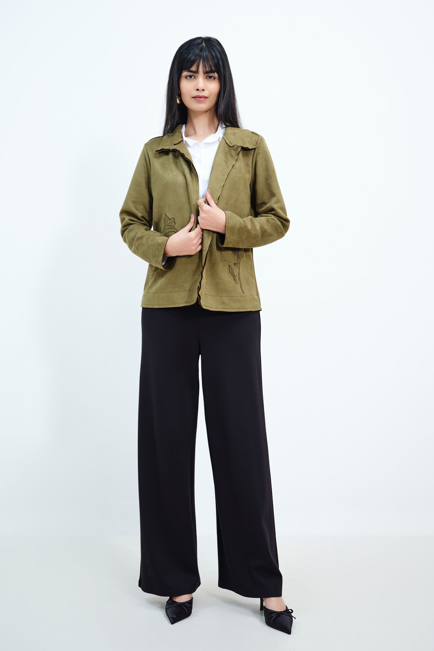 Olive Suede Embroidered Open Jacket