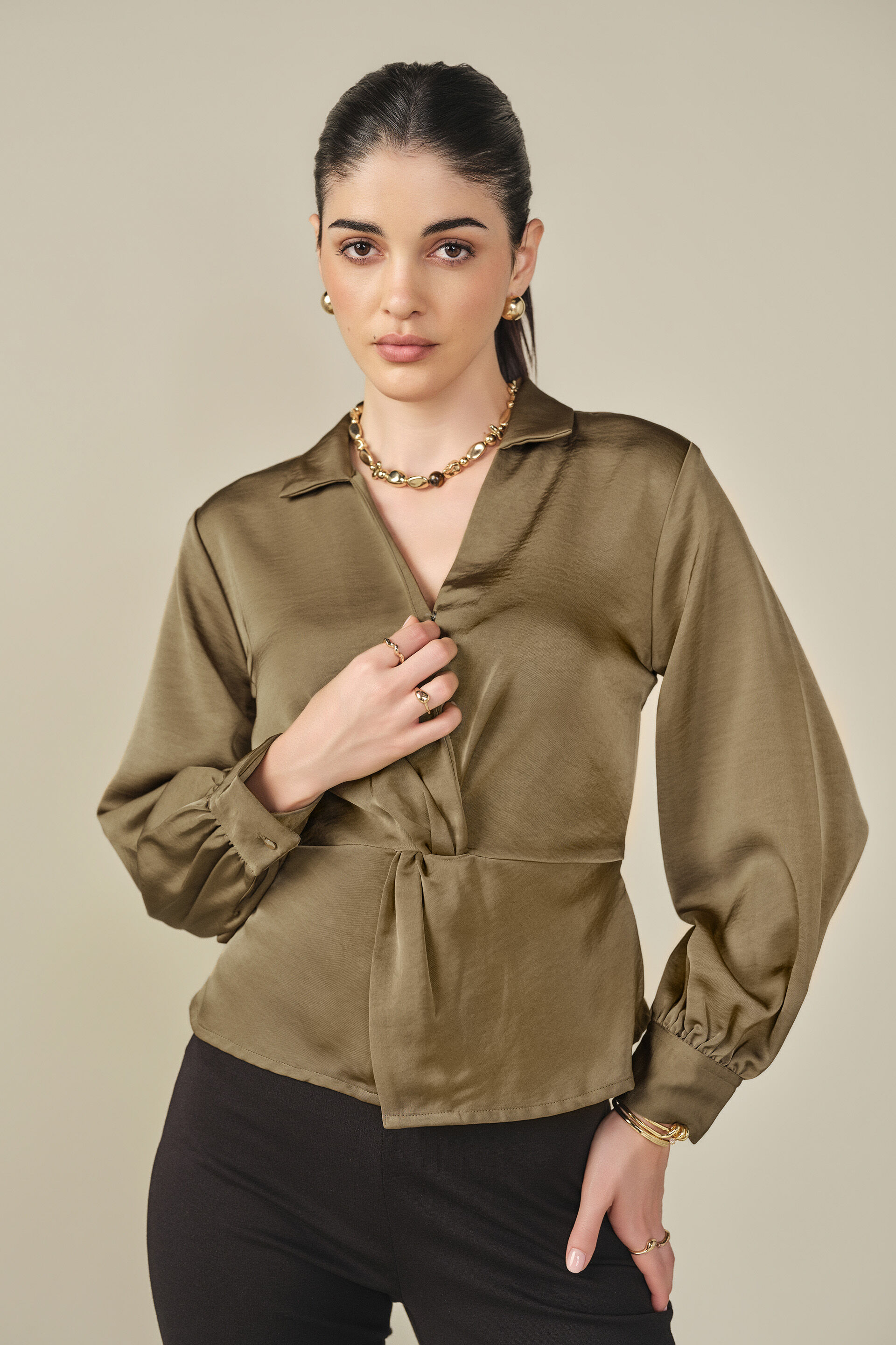 Knot Detail Satin Shirt in Tan