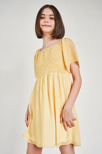1 - Yellow Checked Printed Off Shoulder Dress, image 1