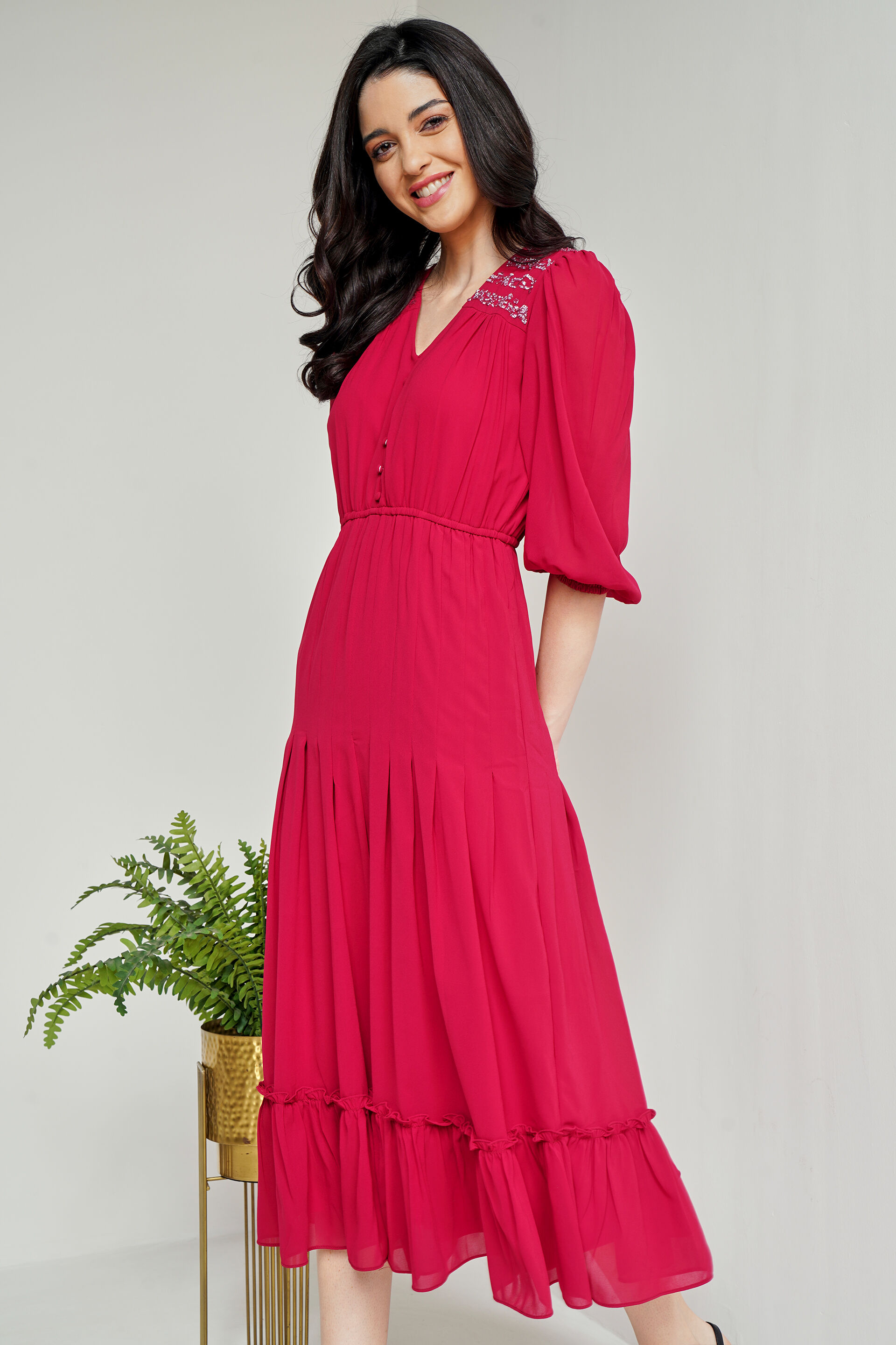 Maroon Solid Flared Dress, Maroon, image 3