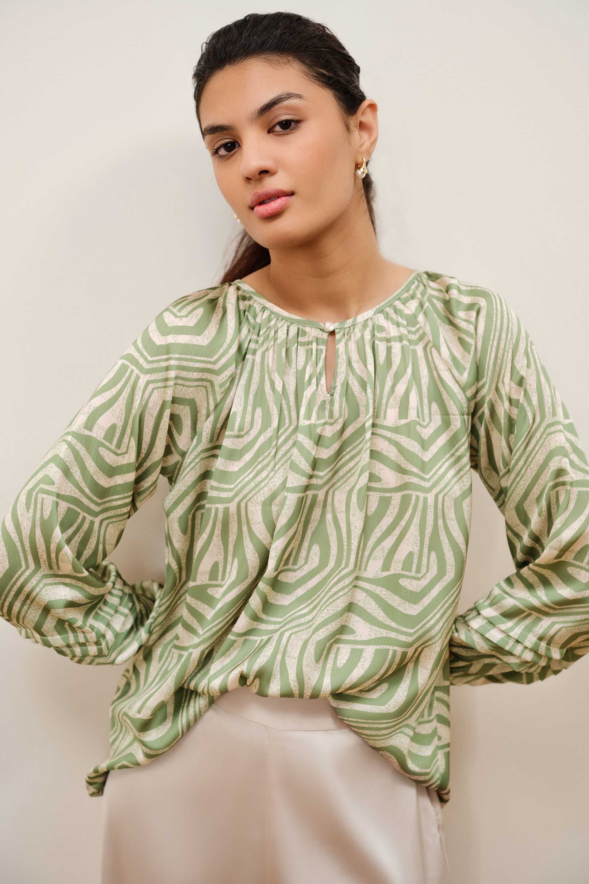 Sage Pleated Satin Top