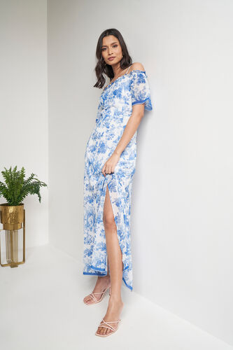 Blue and White Floral Flared Gown, Blue, image 1