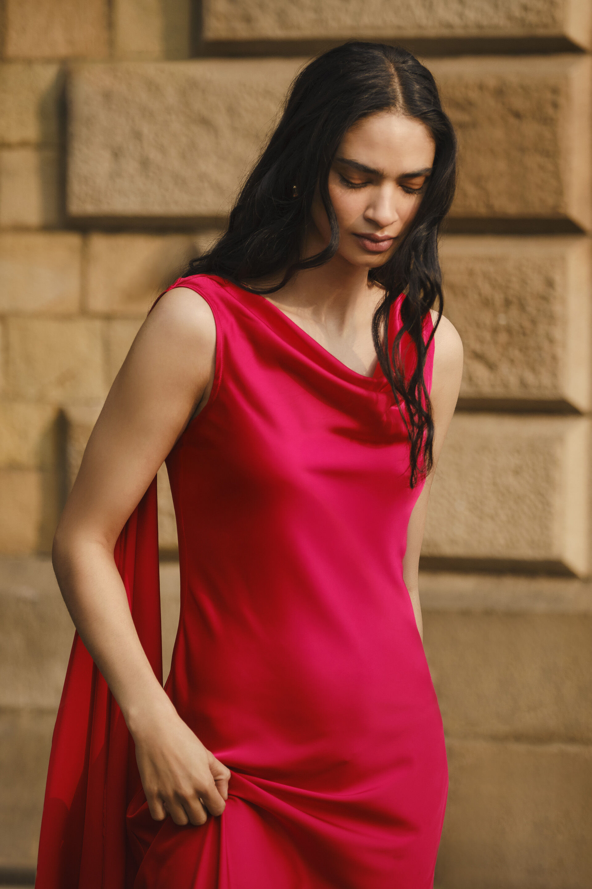 Red Flame Satin Maxi Dress, Maroon, image 4