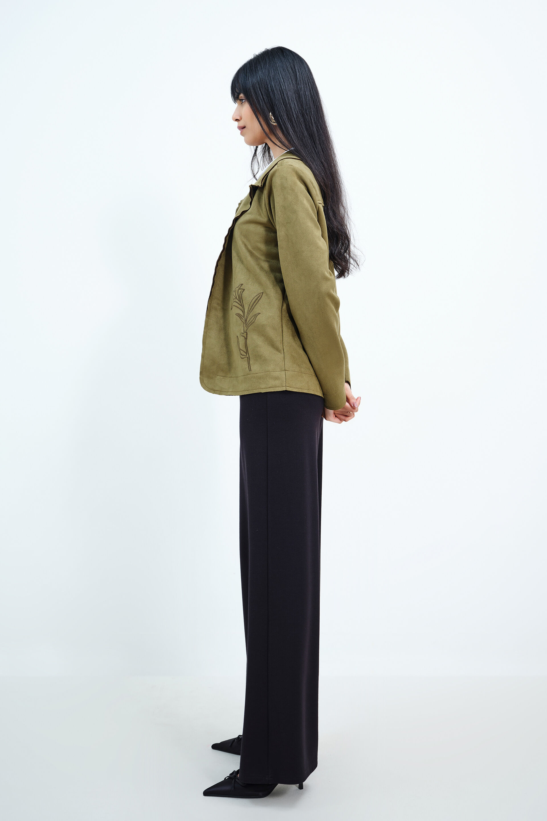 Olive Suede Embroidered Open Jacket, Olive, image 5