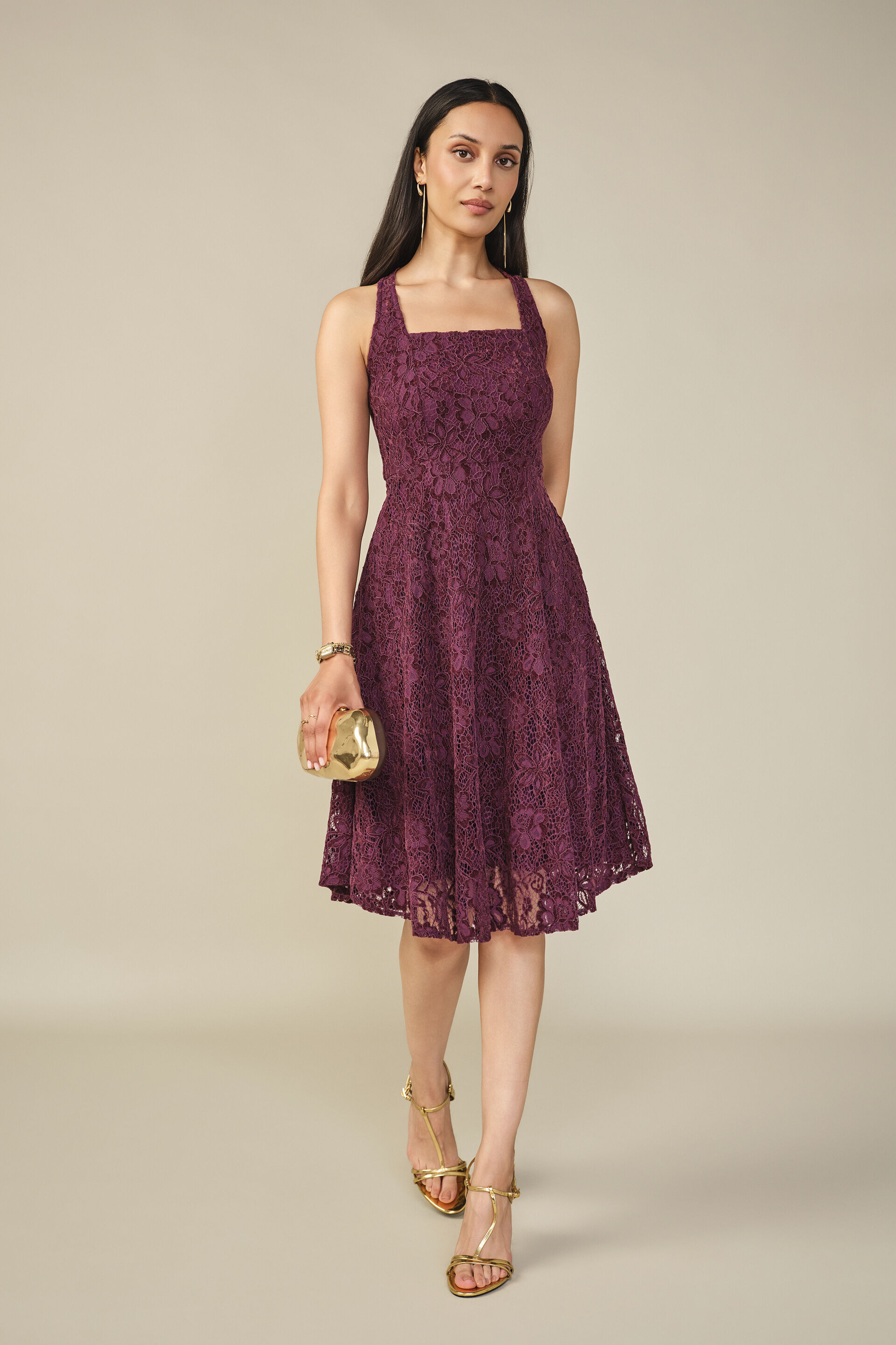 Lace Halter Dress in Wine, Wine, image 3
