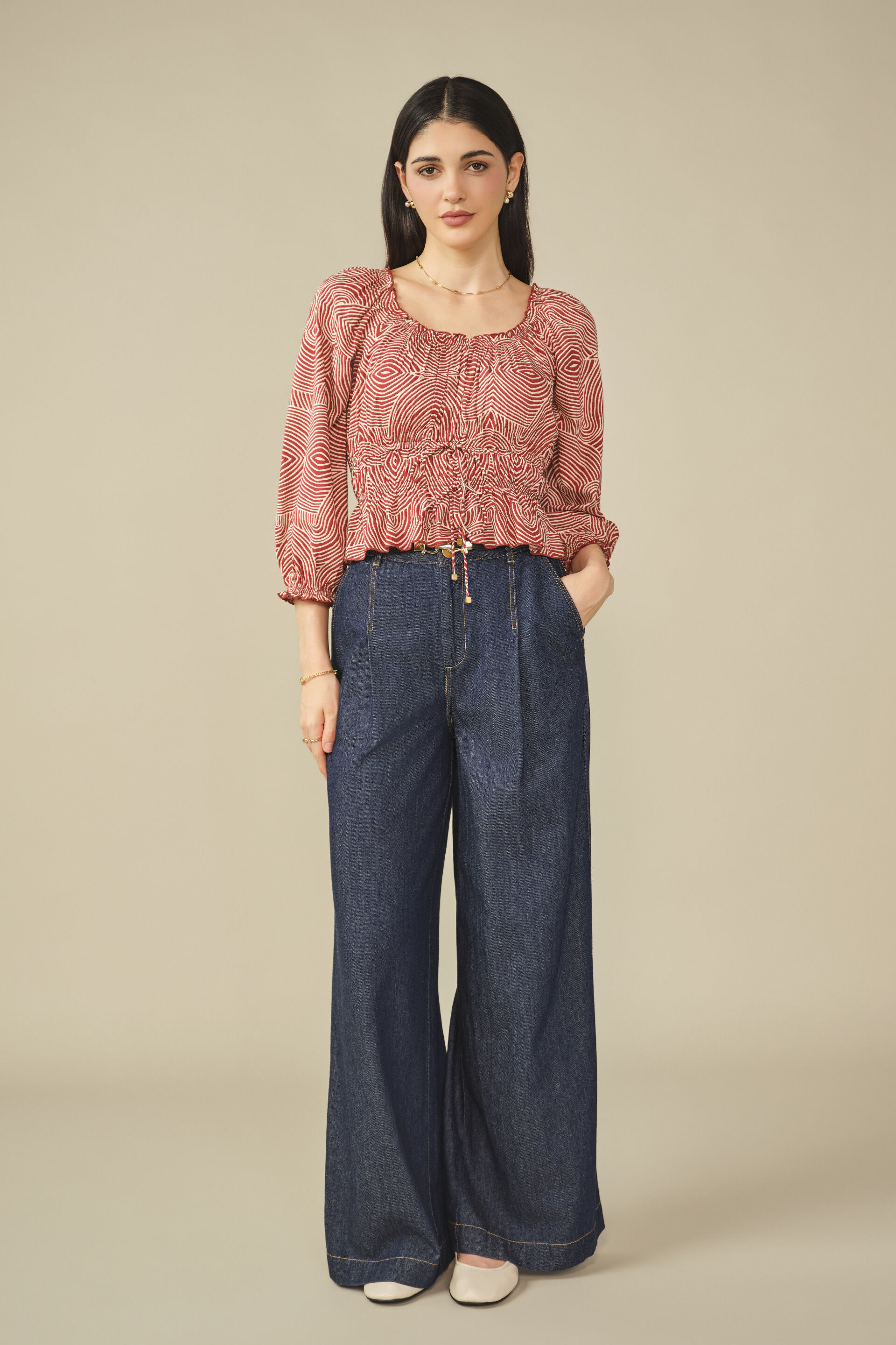 Abstract Printed Smocked Top in Wine, Wine, image 4