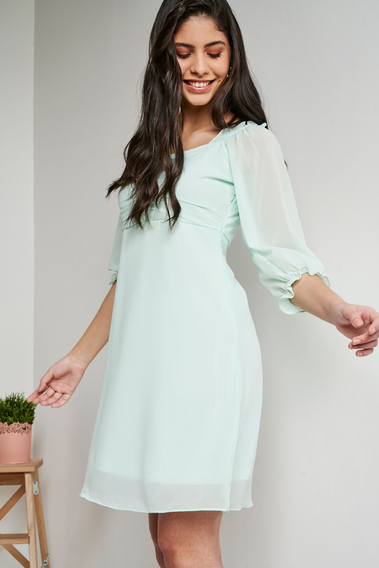 Sea Green Calf Length Flared Fit And Flare Dress, Sea Green, image 1