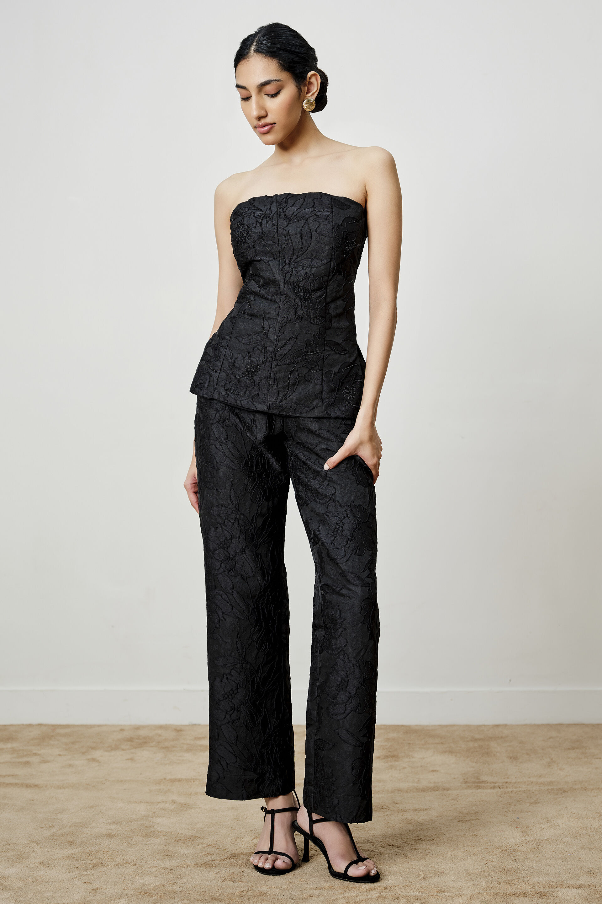 Black Beaded Jacquard Co-ord Set, Black, image 3