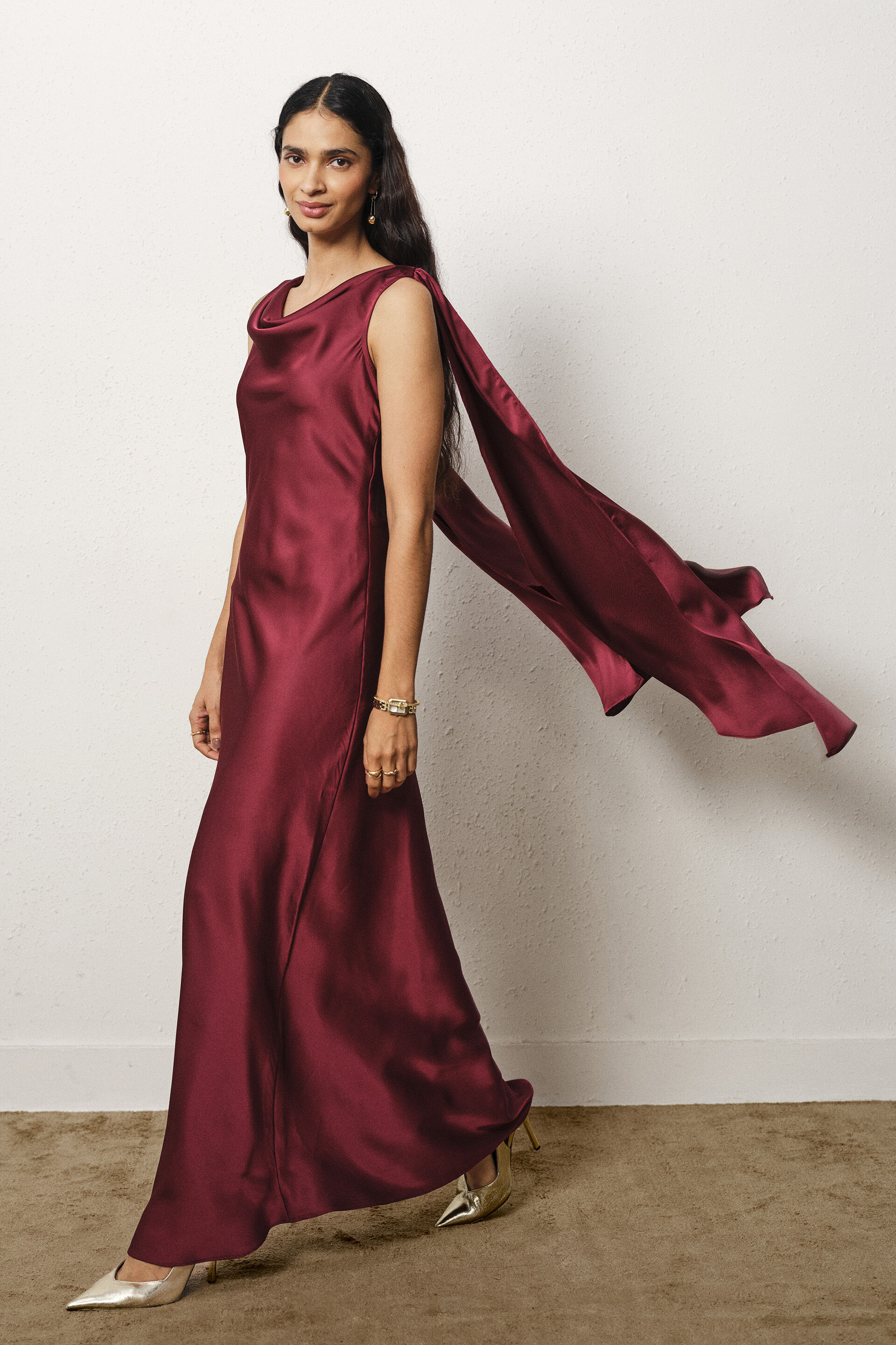 Cowl Maxi Satin Gown in wine, Wine, image 4