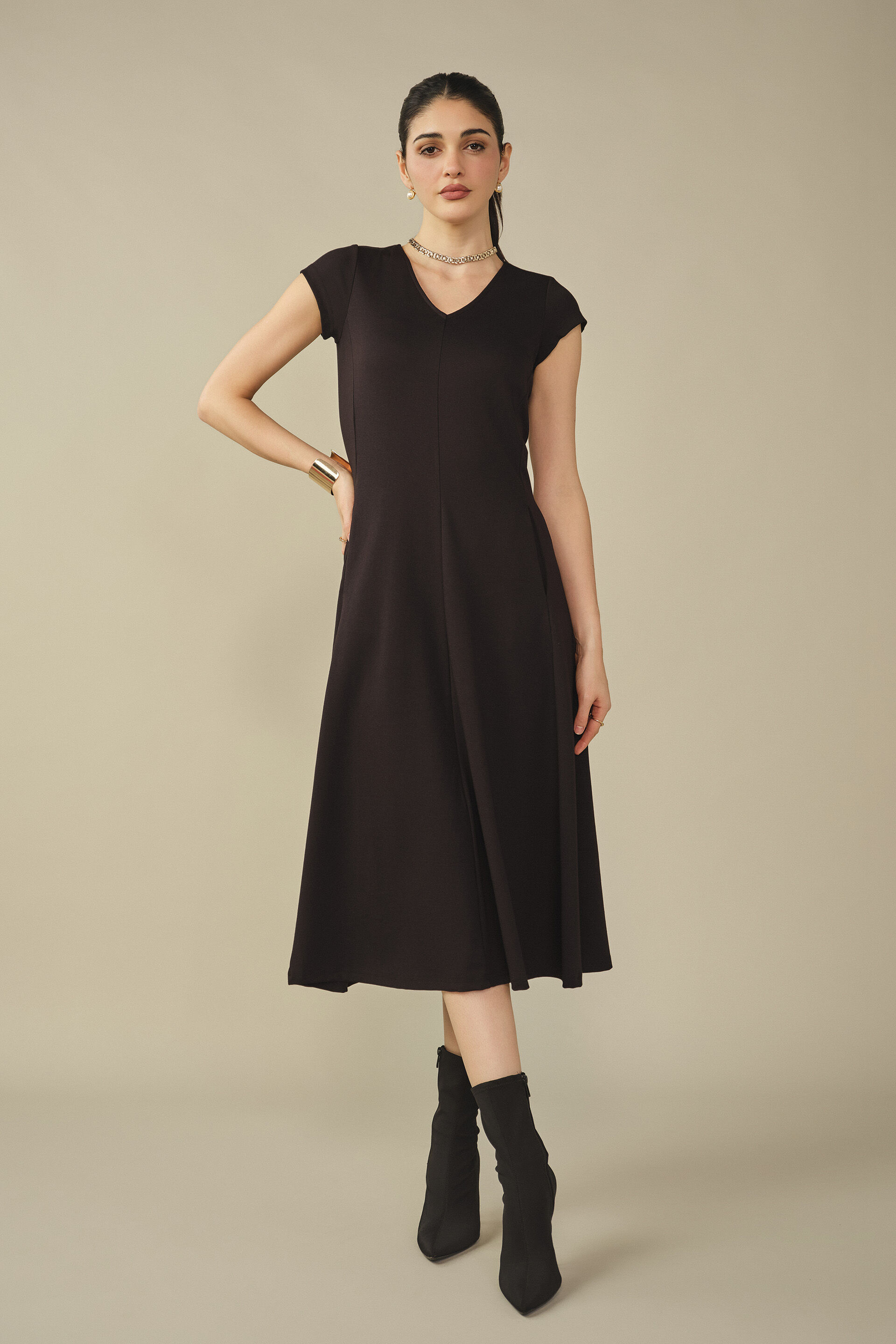 Solid Fit & Flare Midi Dress in Black