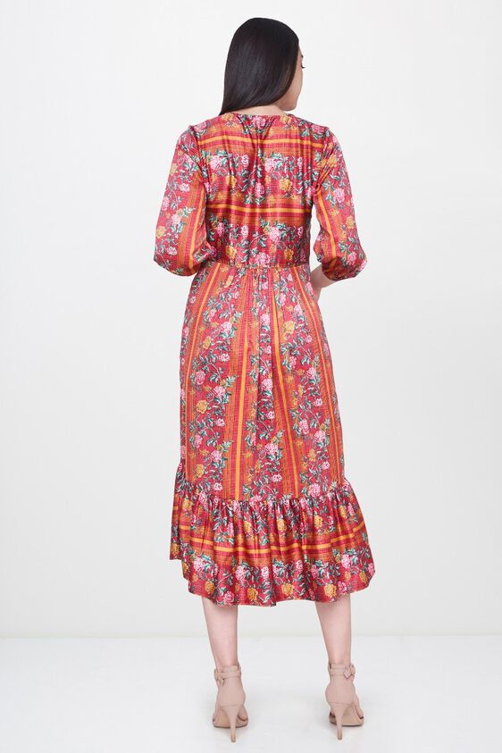 3 - Red Floral Round Neck Fit and Flare Midi Gown, image 3