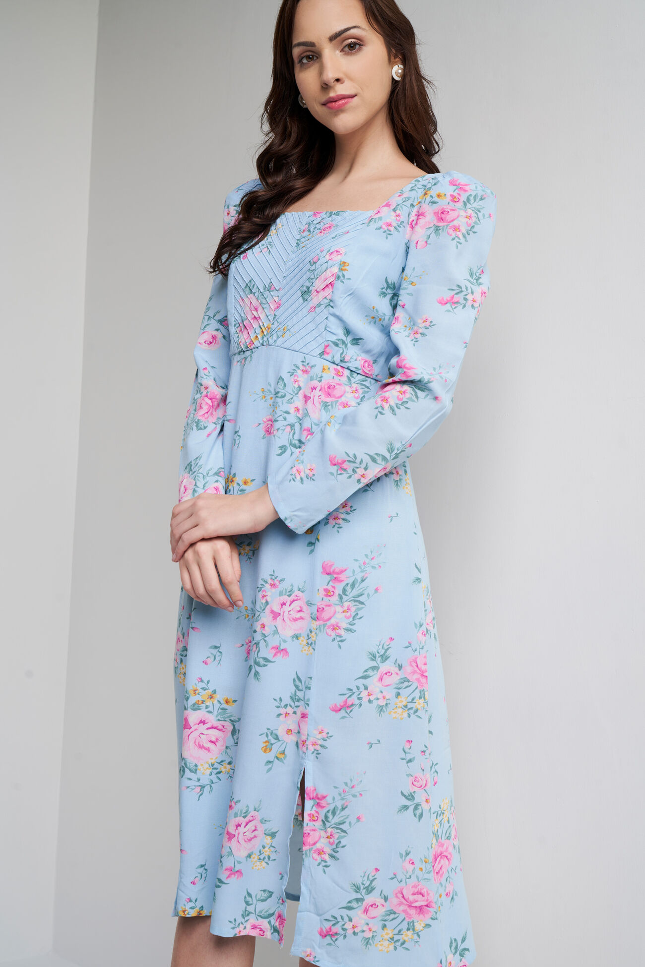 Powder Blue Floral Flared Dress, Powder Blue, image 3