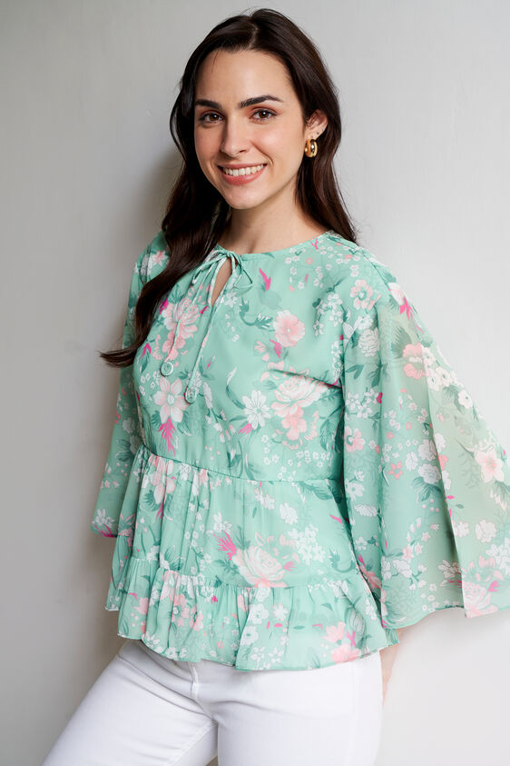 Green Floral Peplum Top, Green, image 2