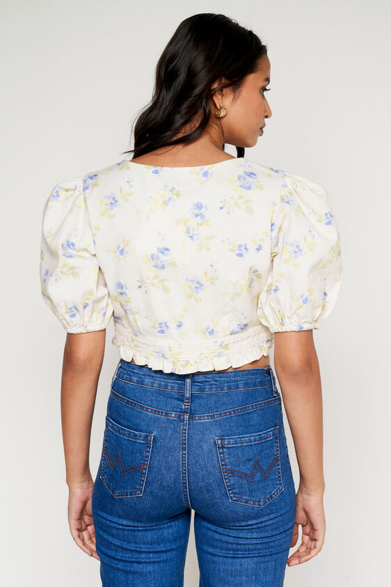 White and Green Floral Denim Crop Top, White, image 4
