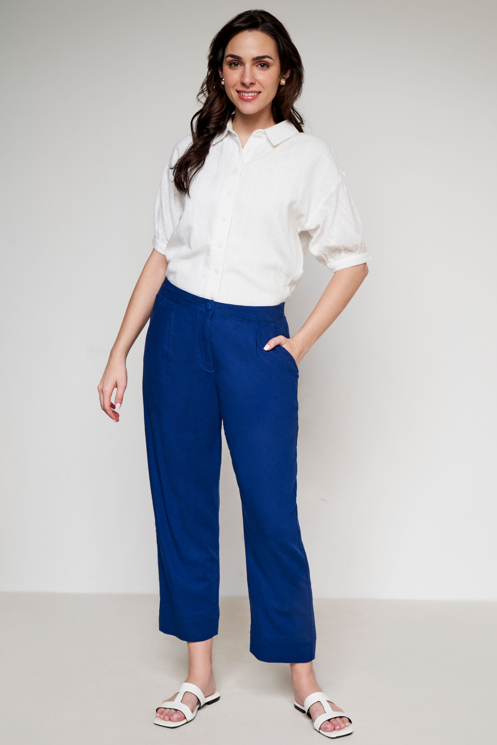 Royal blue pant and white shirt store