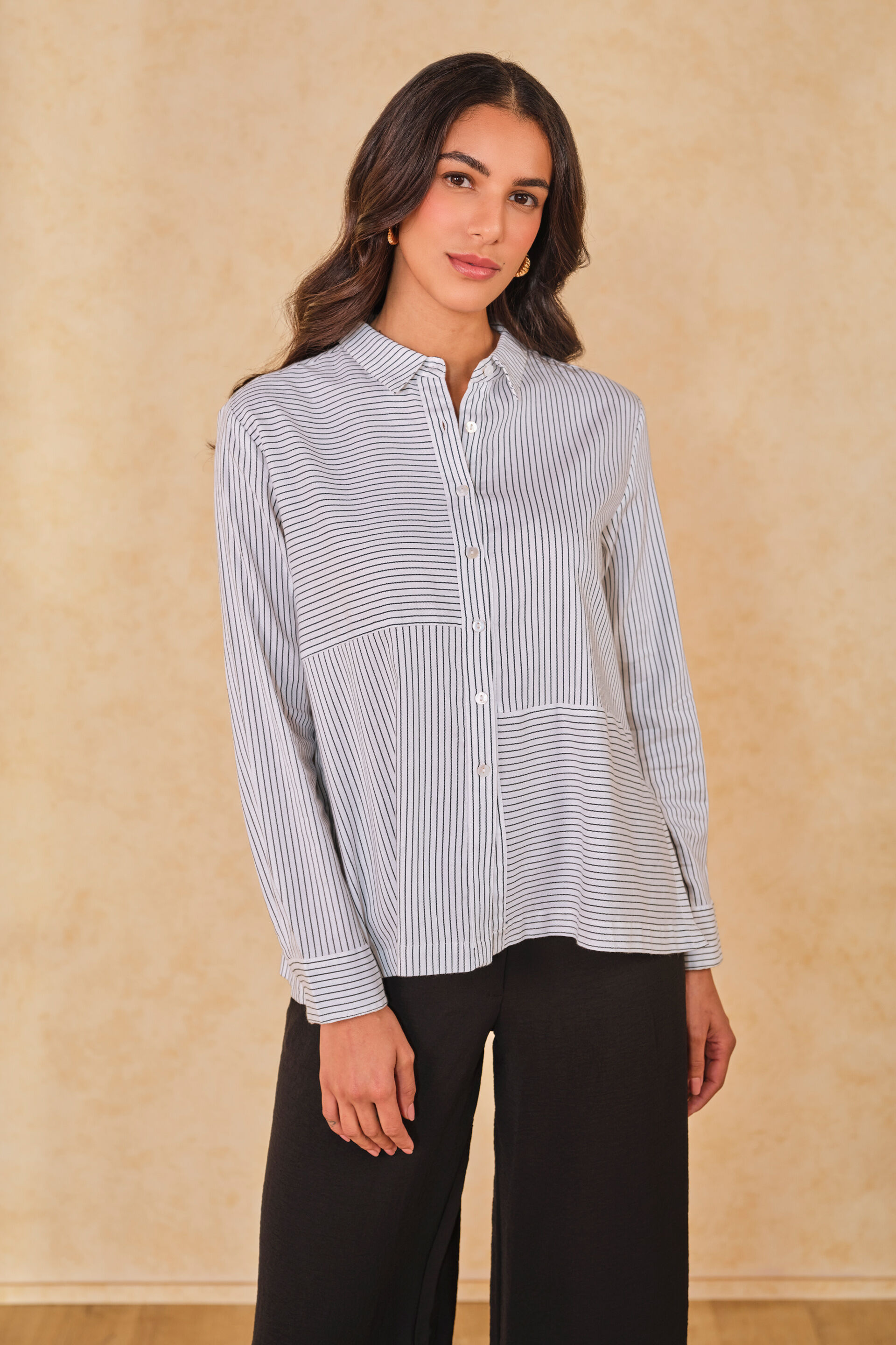 Monochrome Motion Cotton Blend Striped Shirt, White, image 1
