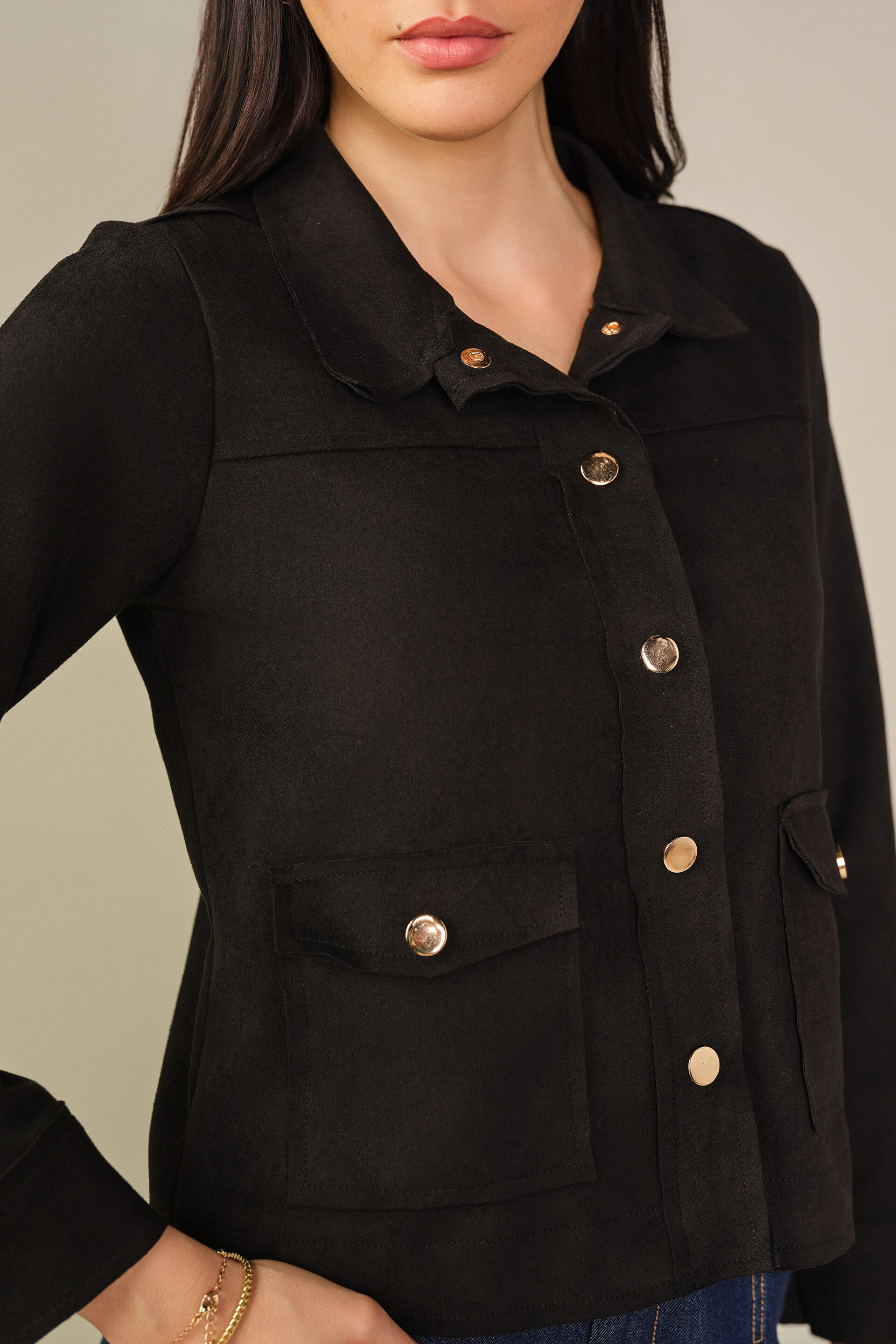 Solid Suede Jacket in Cream, Black, image 2