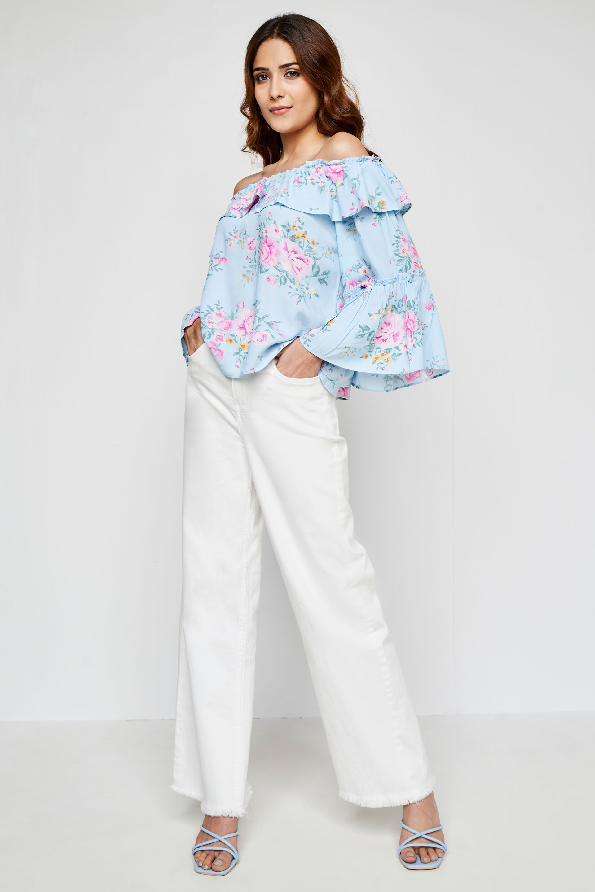 Powder Blue Floral Flared Top, Powder Blue, image 3