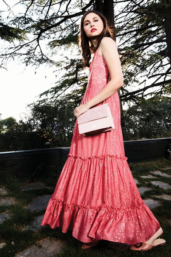 1 - Light Pink Foil Print A-Line Sleeveless Gown, image 1
