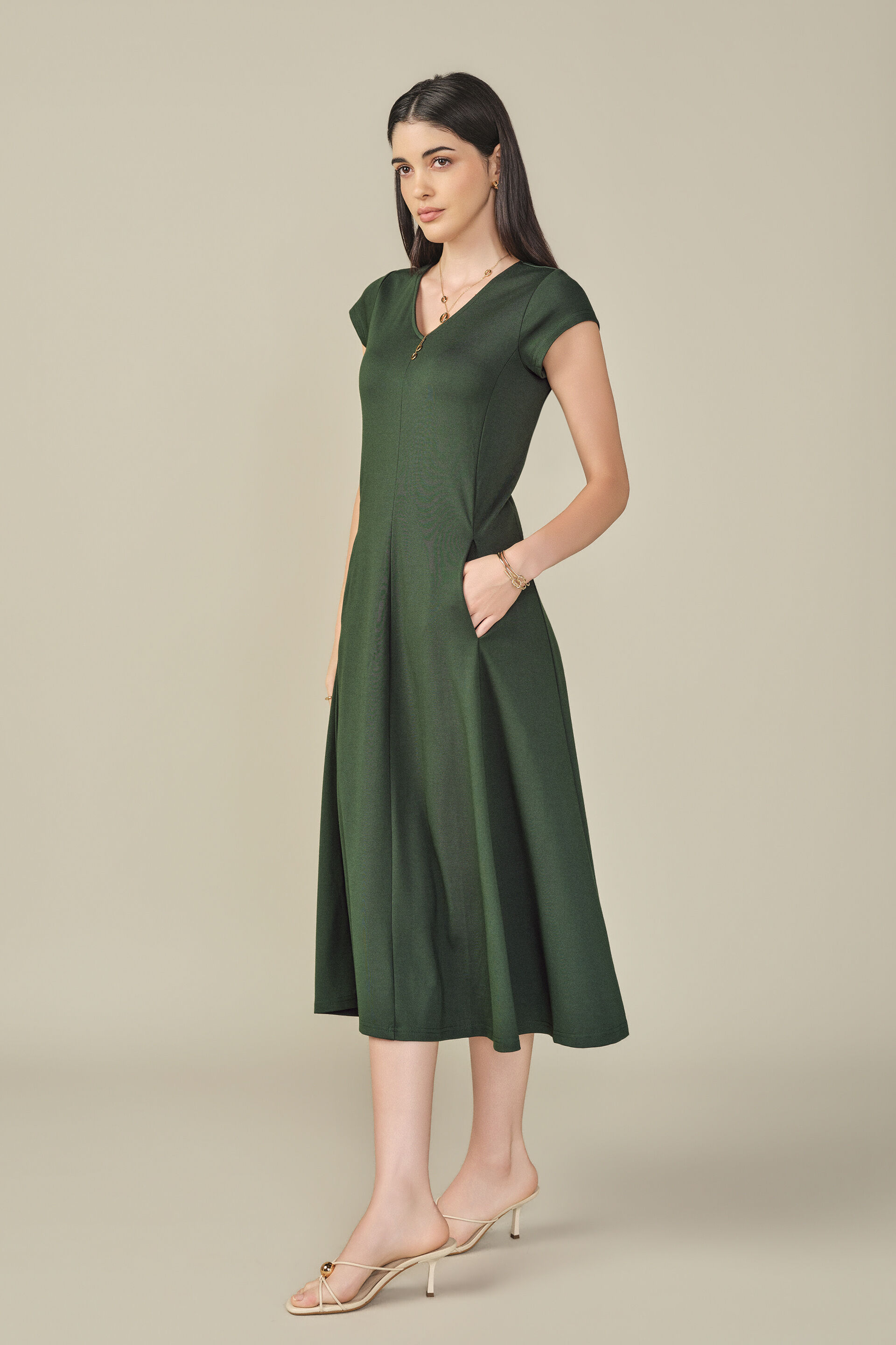 Solid Fit & Flare Midi Dress in Green, Green, image 3
