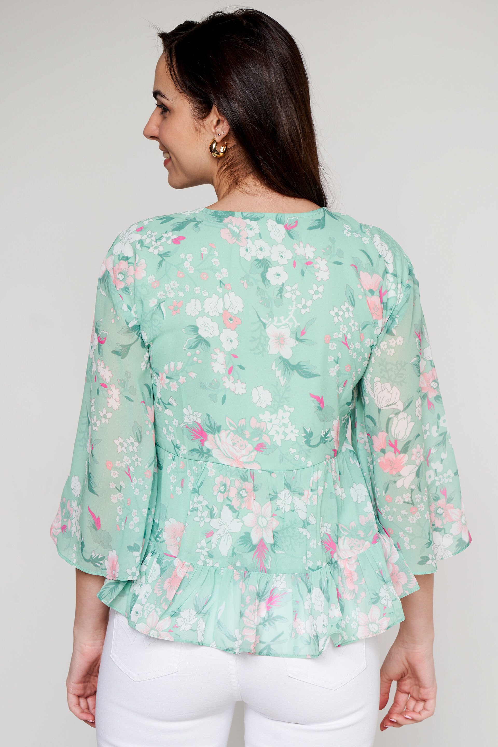 Green Floral Peplum Top, Green, image 3