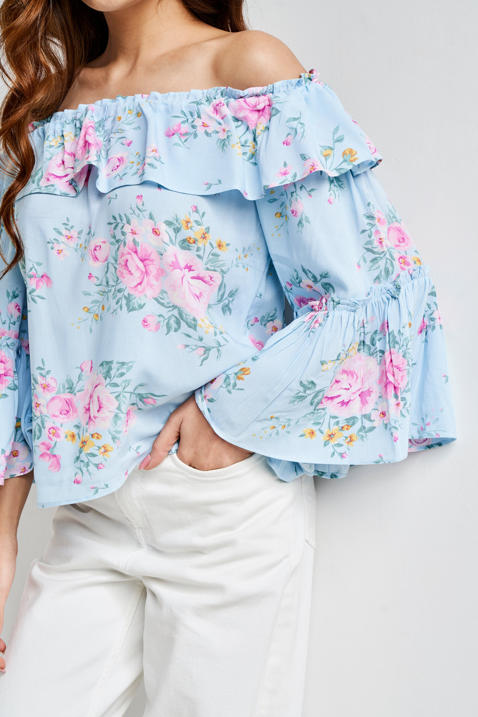 Powder Blue Floral Flared Top, Powder Blue, image 6