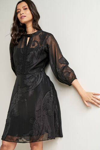 Black Solid Flared Dress, Black, image 4