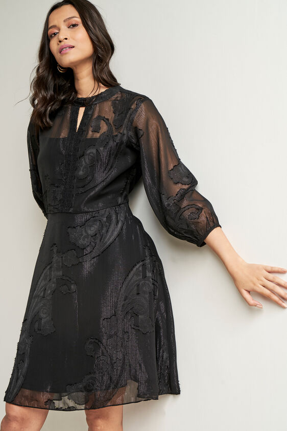 Black Solid Flared Dress, Black, image 4