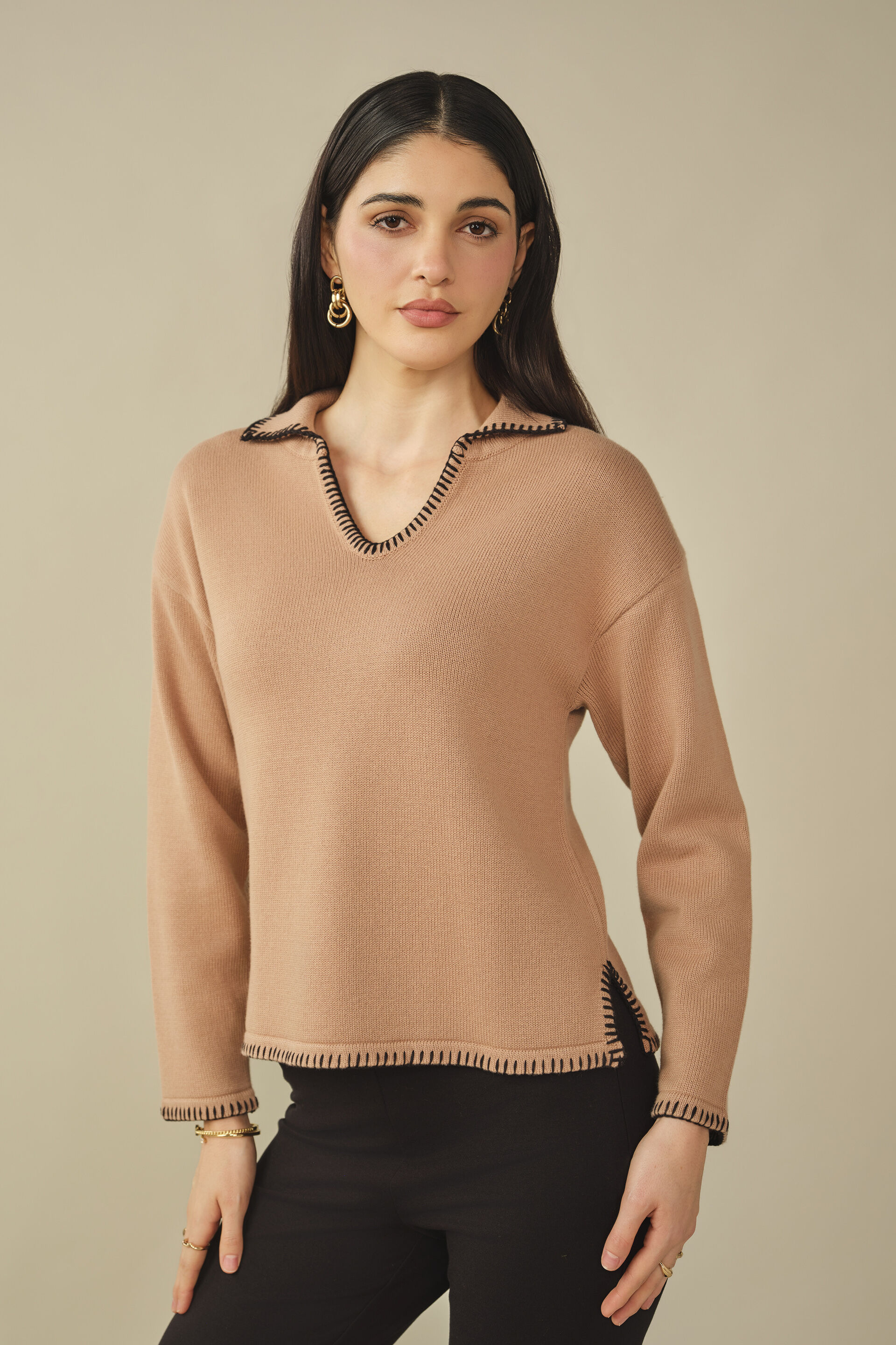 Solid Cotton Pullover in Beige