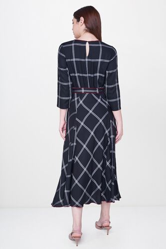 3 - Black Checks Waist Belt Fit and Flare Midi Dress, image 3