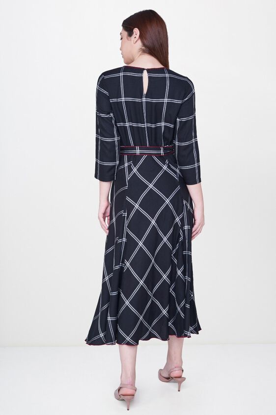 3 - Black Checks Waist Belt Fit and Flare Midi Dress, image 3