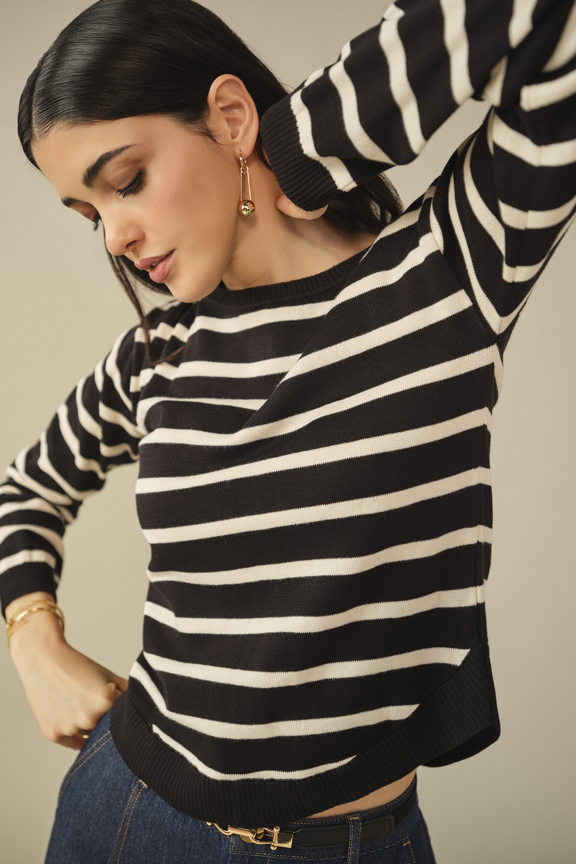 Striped Cotton Pullover in Black, Black, image 3