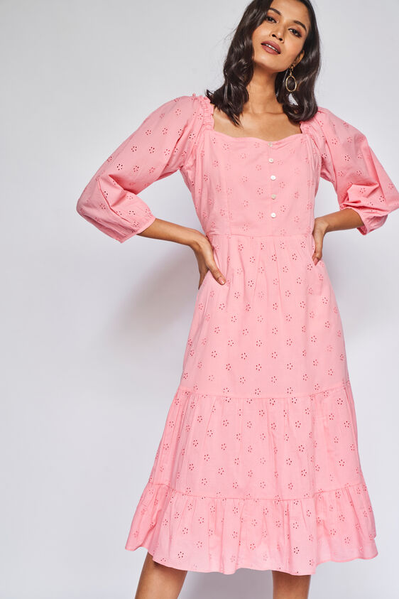Pink Solid Fit & Flare Dress, Pink, image 2