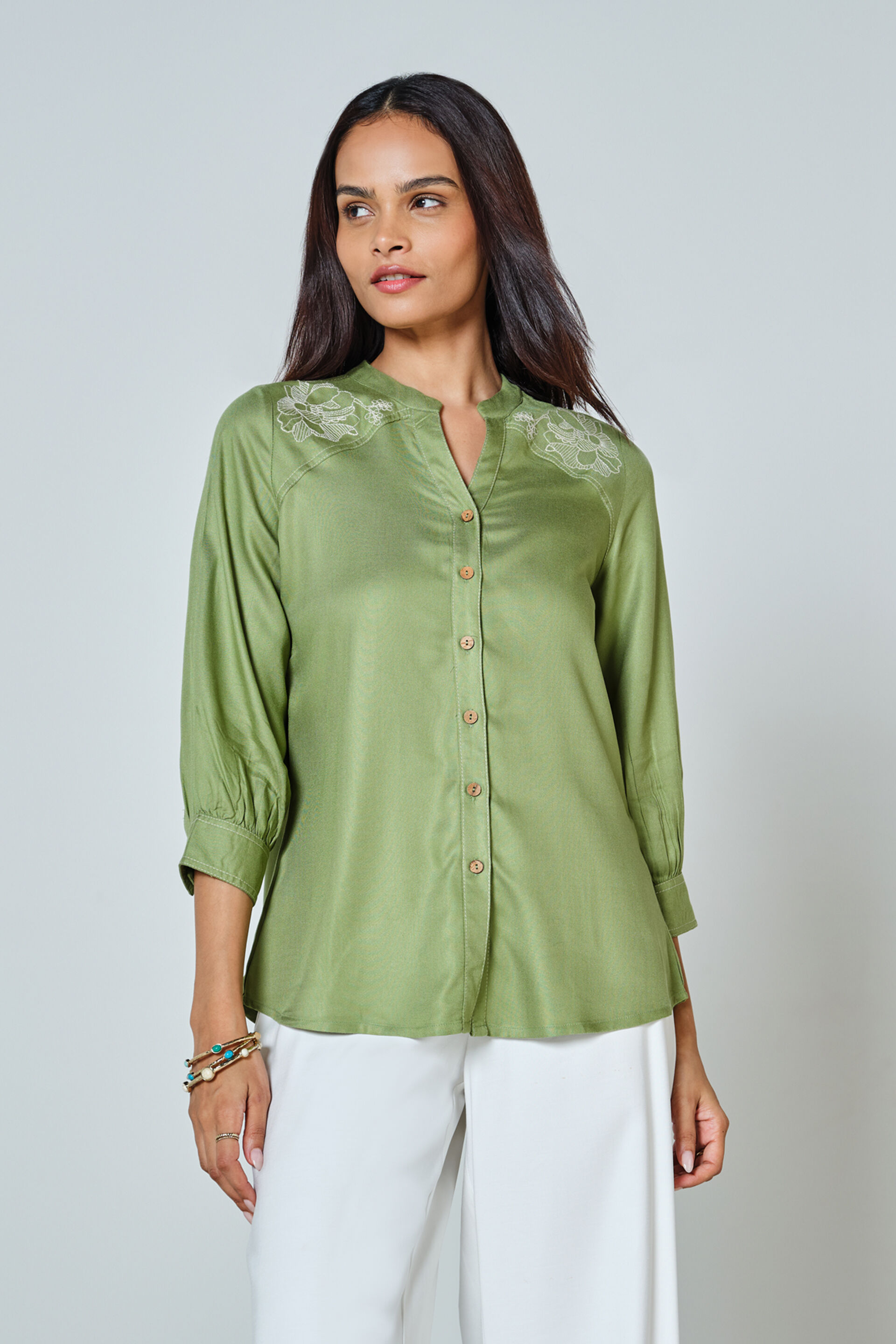 Teresa Embroidered Shirt, Sage Green, image 1