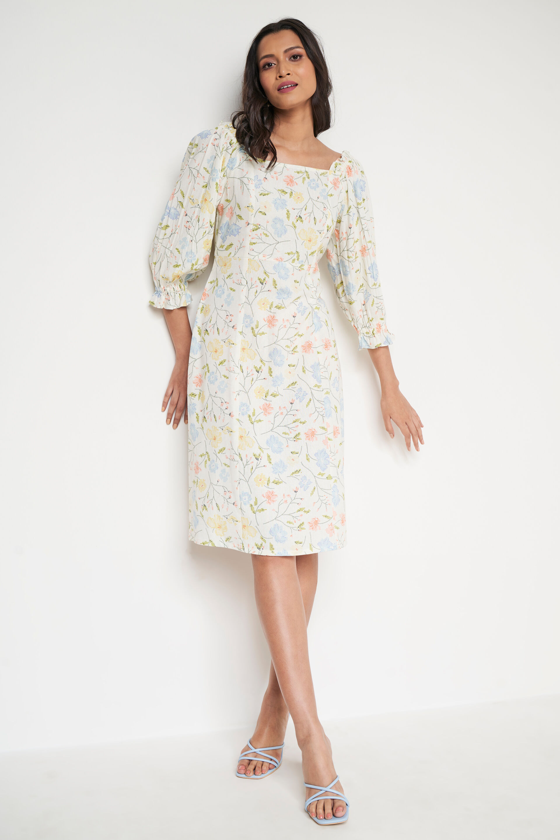 Off White Floral Straight Dress, Off White, image 1