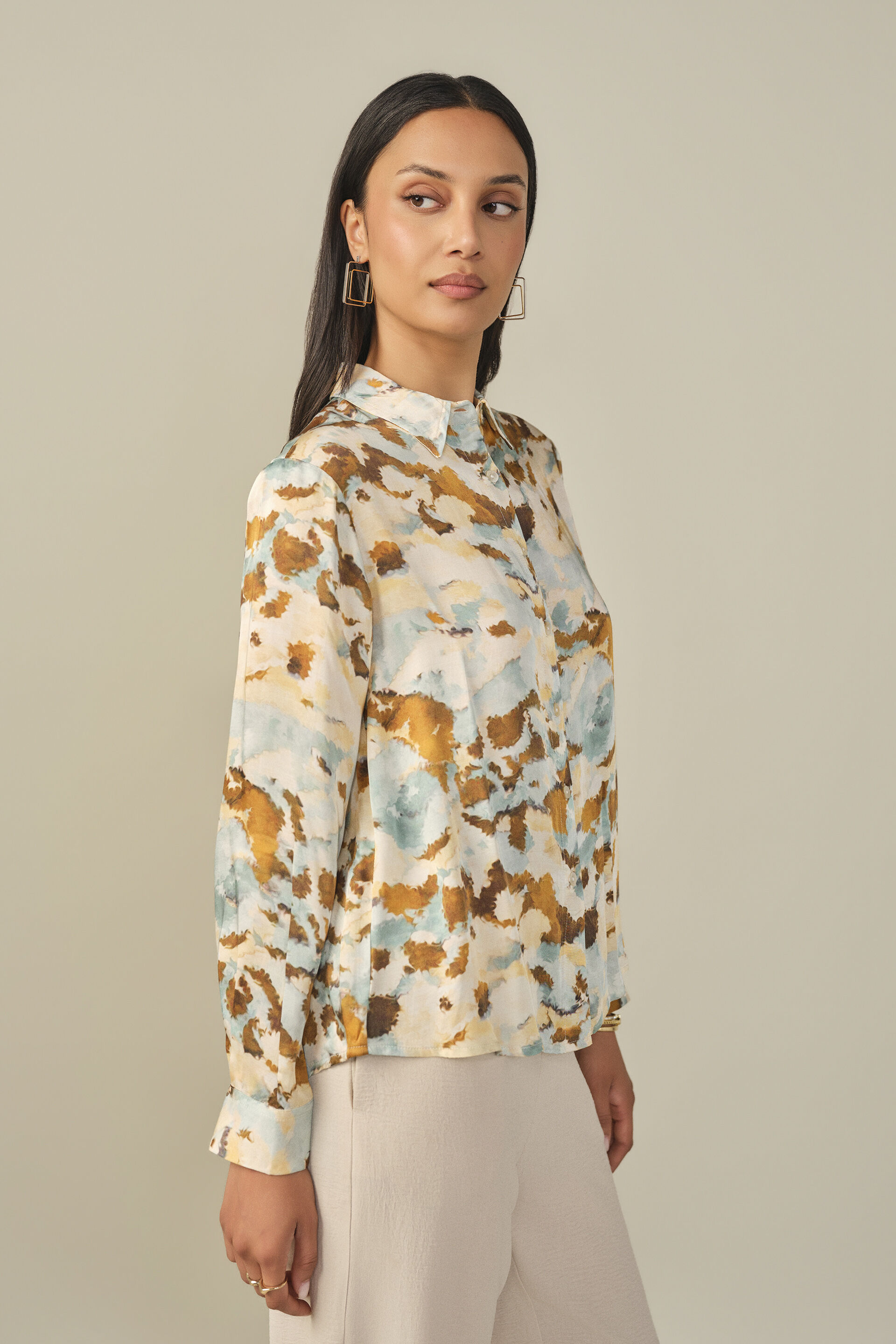 Abstract Printed Satin Shirt, Blue, image 5