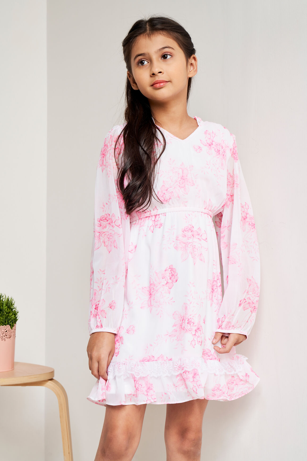 Cream Floral Flounce Dress, Cream, image 5