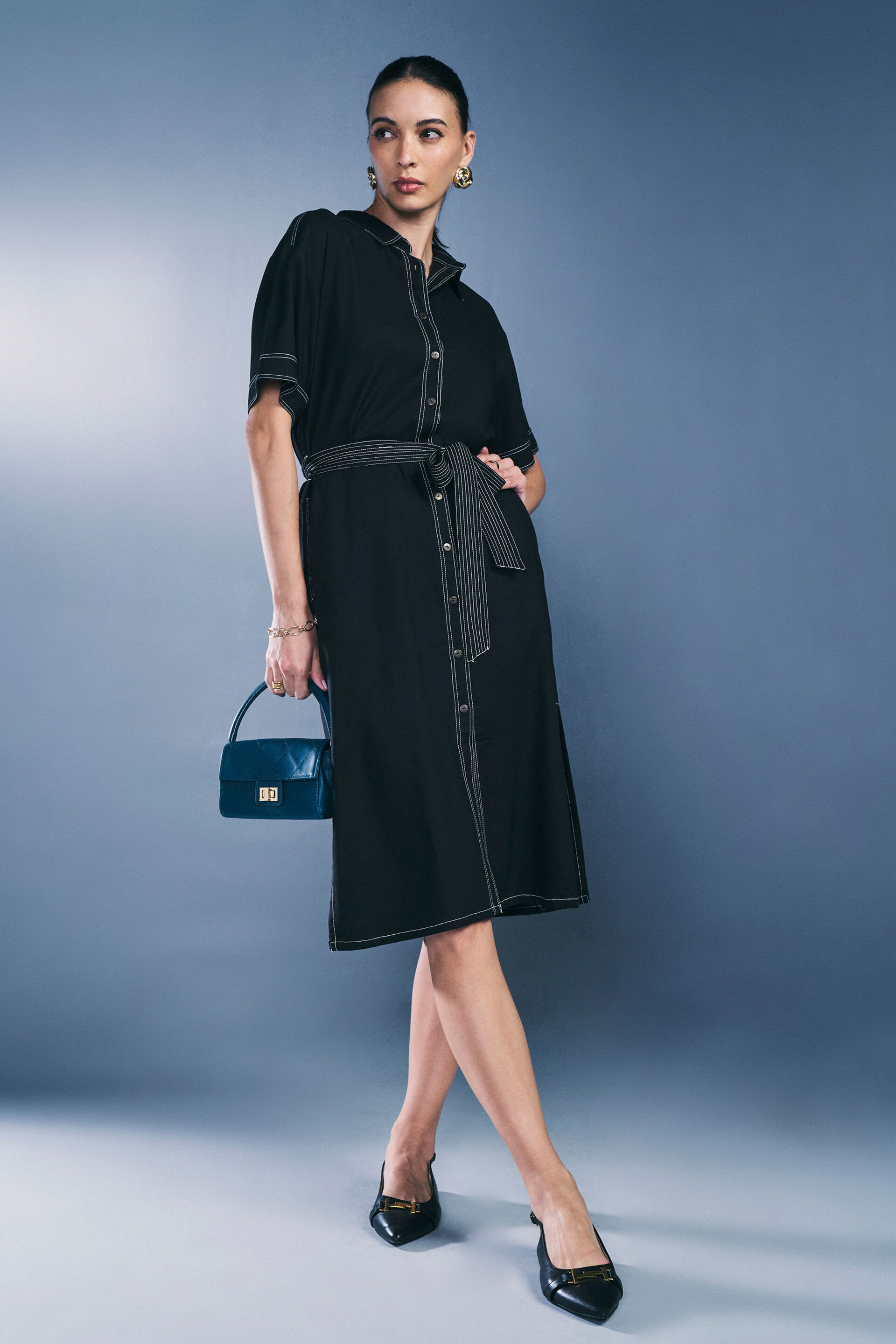 High On Contrast Rayon Dress, Black, image 1