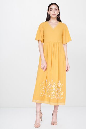 1 - Yellow Pleated V-Neck Fit and Flare Gown, image 1